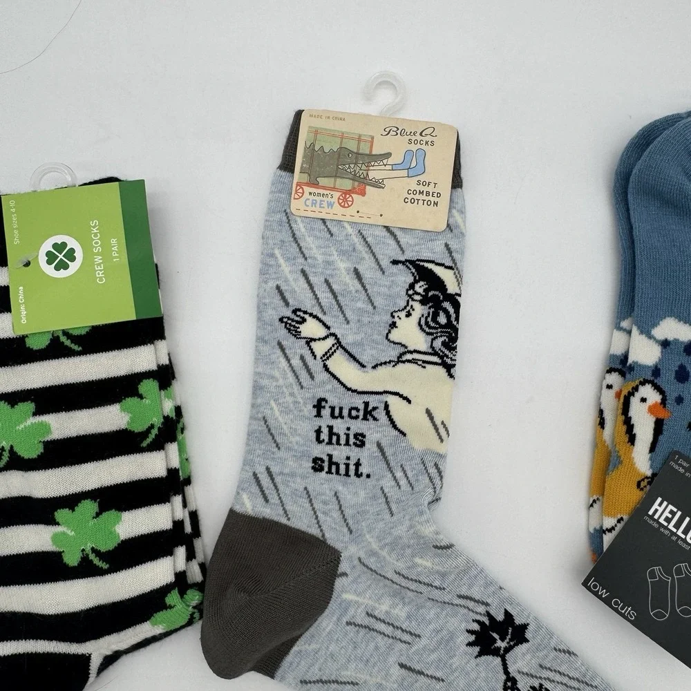 Novelty Crew Socks Lot 3 Blue Q‎ Shamrock Ducks Funny Womens 4-10 NWT